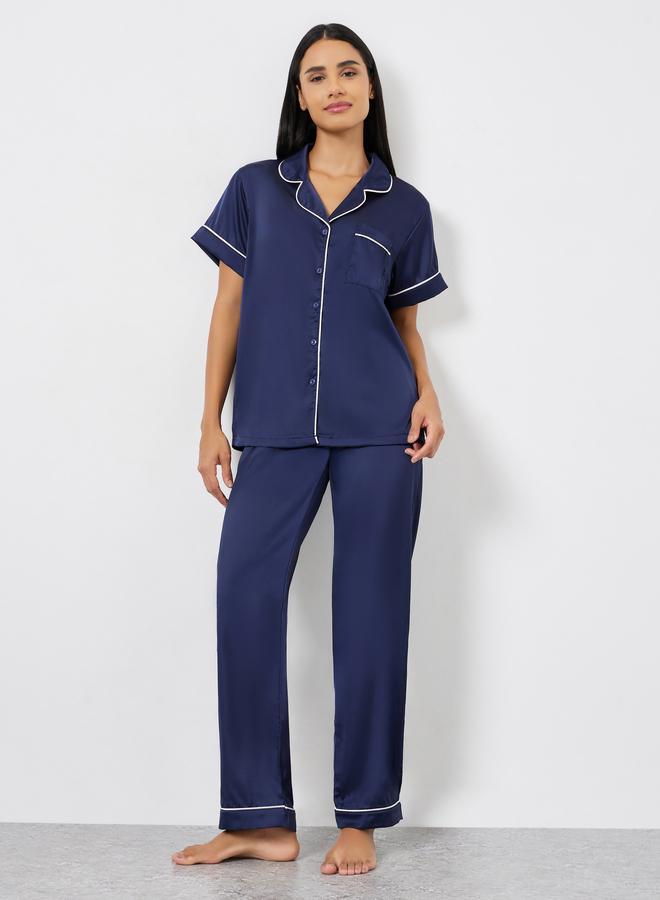 Styli Satin Piped Pocket Shirt and Pyjama Set - Image 1