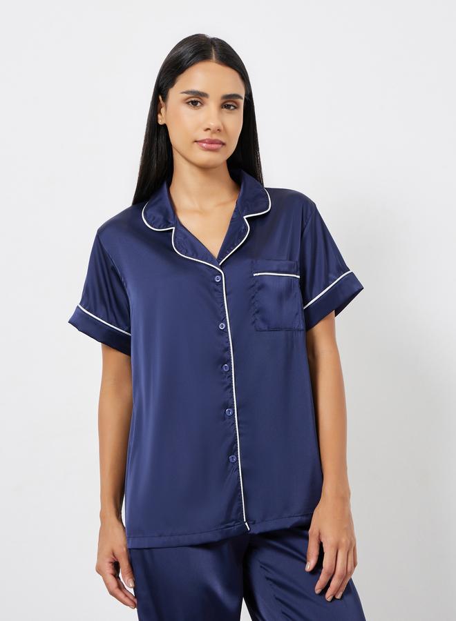 Styli Satin Piped Pocket Shirt and Pyjama Set - Image 2