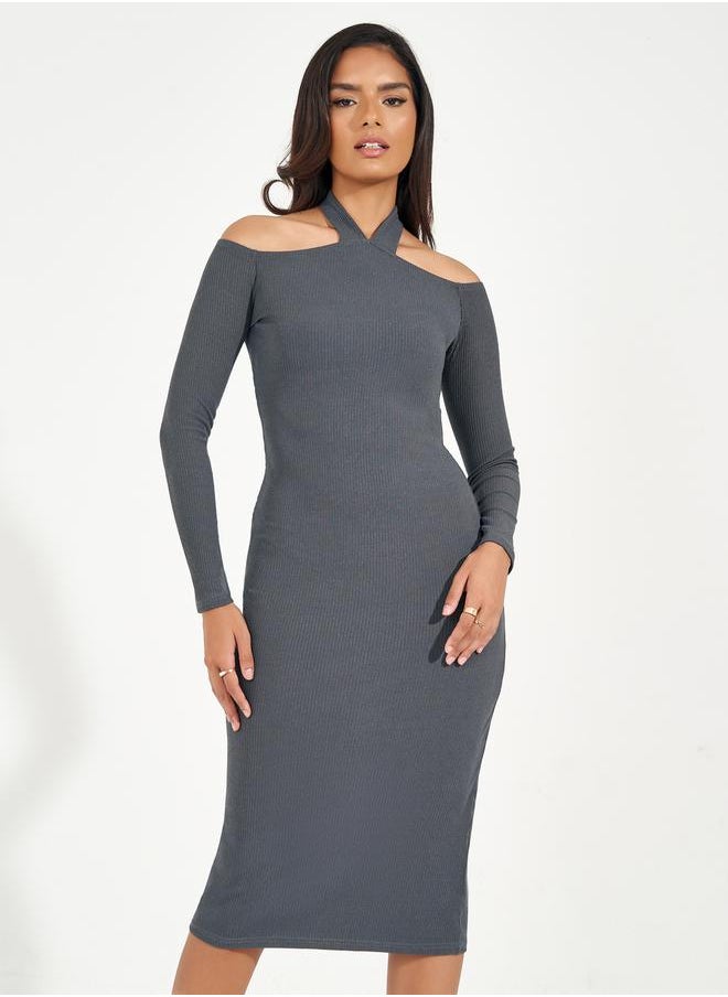 Styli Plain Cold Shoulder Sheath Midi Dress  - Image 2