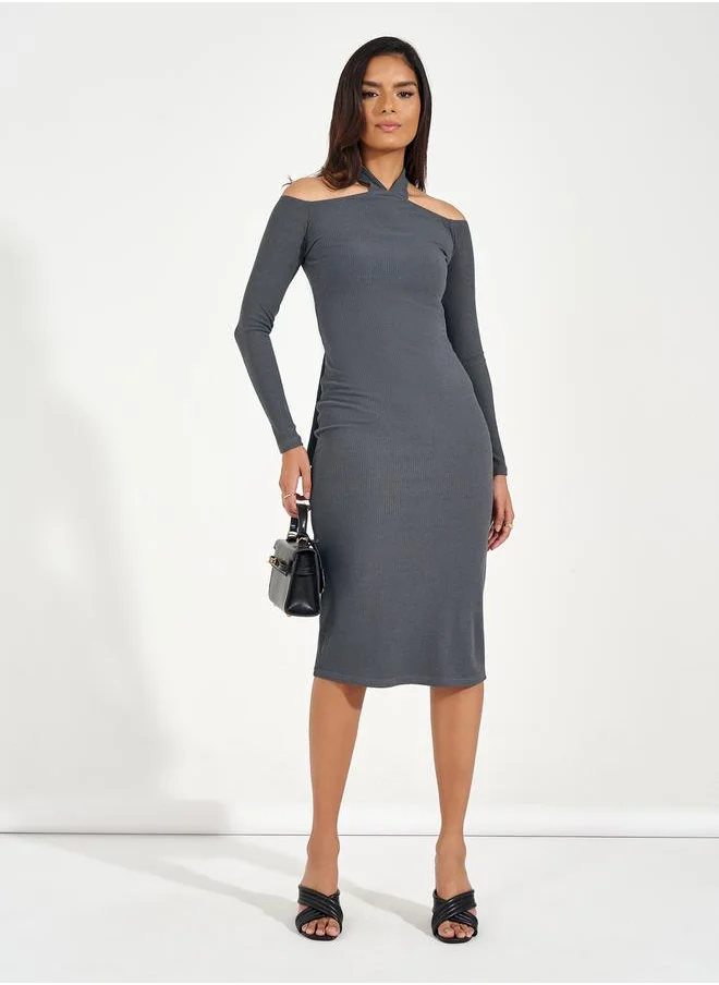 Styli Plain Cold Shoulder Sheath Midi Dress