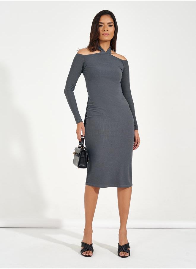 Styli Plain Cold Shoulder Sheath Midi Dress  - Image 1