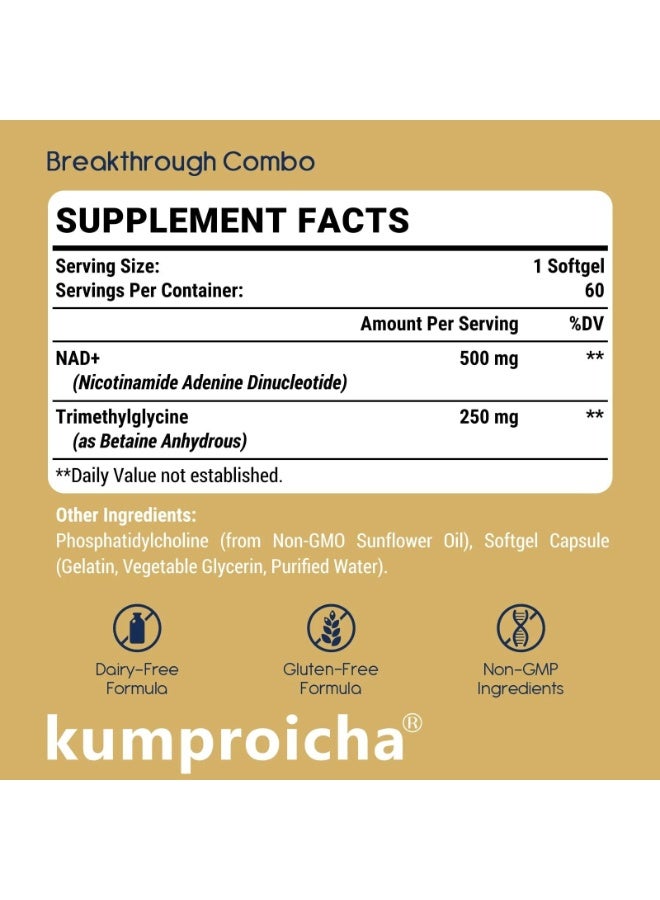 kumproicha Liposomal NAD+ 500mg with TMG 250mg – Supports Cellular Energy Production (60 Softgels) - Image 2