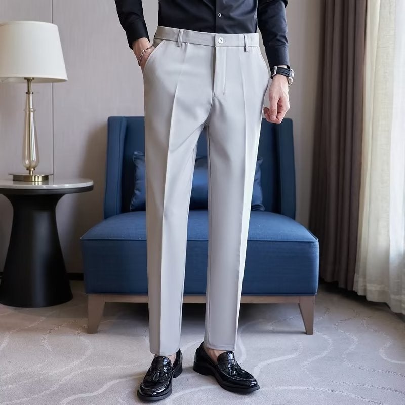 Spring Mens Stretch Slim Chinos Formal Business Casual Pants Dark gray  - Image 2