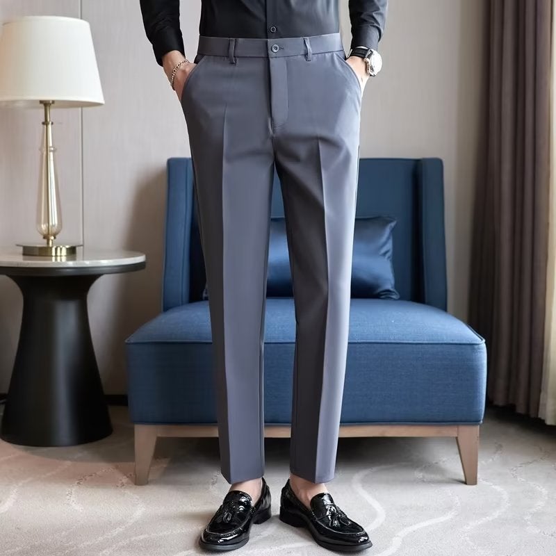 Spring Mens Stretch Slim Chinos Formal Business Casual Pants Dark gray  - Image 1
