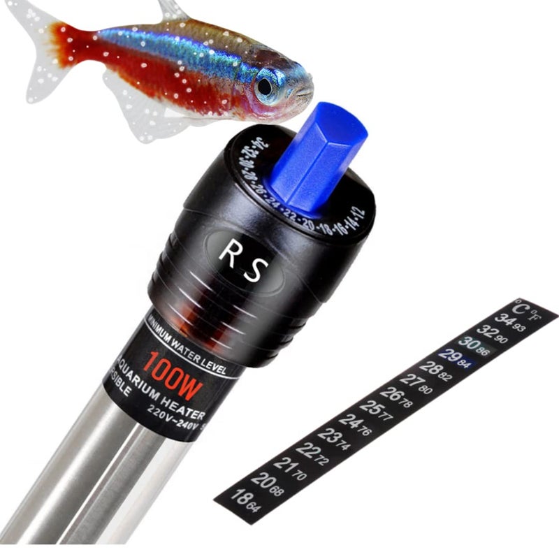 VAYINATO Rs Electricals Break Proof Stainless Steel Rod Aquarium Fish Tank Heater With Free Sticker Thermometer (100 Watts - Suitable For 2 Feet Tank) - Image 1