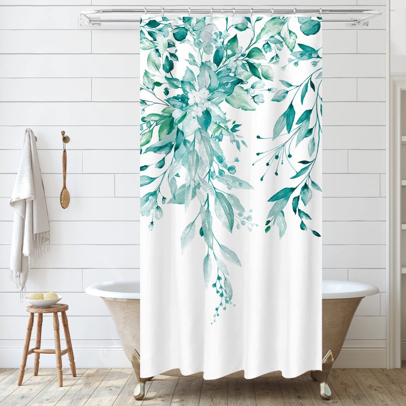 Tititex Teal Eucalyptus Shower Curtain Sets  Watercolor Turquoise Leaves on The Top Plant with Floral Bathroom Decoration 36x72 Inch with Hooks