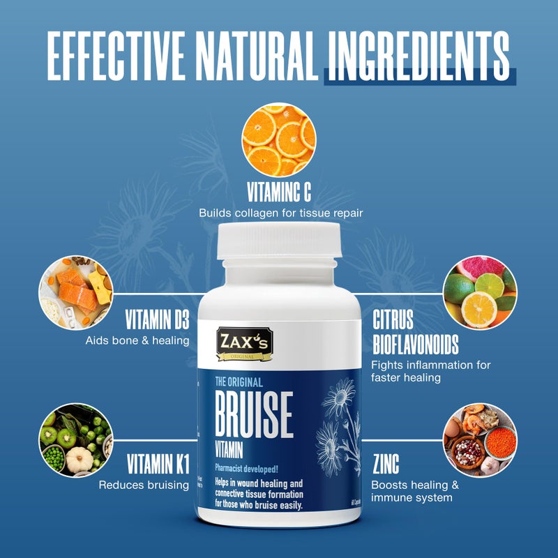 ZAX'S ORIGINAL ZAX'S Bruise Vitamin Pharmacist Developed Bruising Supplements Potent Bruising Swelling Reducer, Zinc, Vitamin K, D3, Ascorbic Acid, Citrus Bioflavonoids, 60 Caps, Combine Arnica Bruise Cream - Image 4