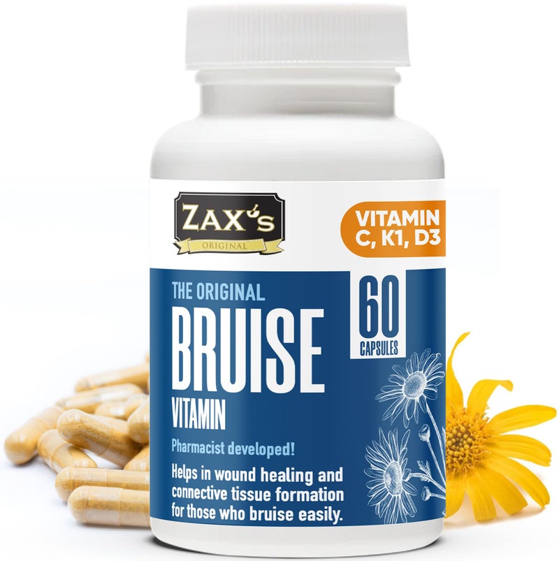ZAX'S ORIGINAL ZAX'S Bruise Vitamin Pharmacist Developed Bruising Supplements Potent Bruising Swelling Reducer, Zinc, Vitamin K, D3, Ascorbic Acid, Citrus Bioflavonoids, 60 Caps, Combine Arnica Bruise Cream - Image 1