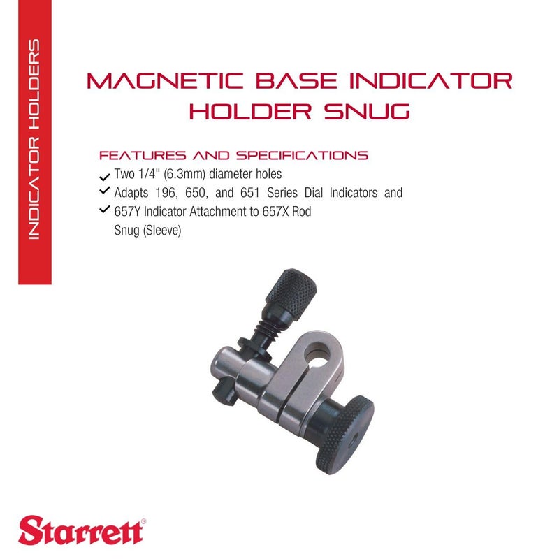 Starrett Magnetic Base Indicator Holder Snug with Dual 0.25" Holes, Silver - Compatible with 196/650/651 Series - 657S - Image 2