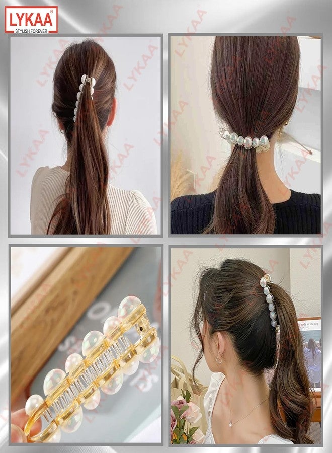 LYKAA Stylish White Pearl Banana Ponytail Holder Thick Fine Hair Clutchers French Barrettes Teeth Inside Slide Jaw Clips Wedding Designer Fancy Hair Clips For Women & Girls | (Pack of 2) - Image 3