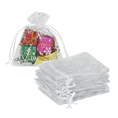 HRX Package 100pcs Snowflake Organza Gift Bags Christmas 3x4 inch Small White Mesh Jewelry Pouches Little Drawstring Candy Bags - Image 2