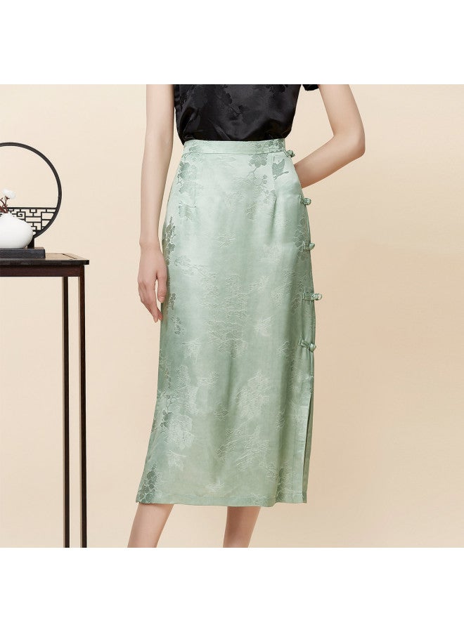 Hengyuanxiang 2025 New Chinese Style Elegant Frog Button Side Slit Silk Blend Midi Skirt - Image 3