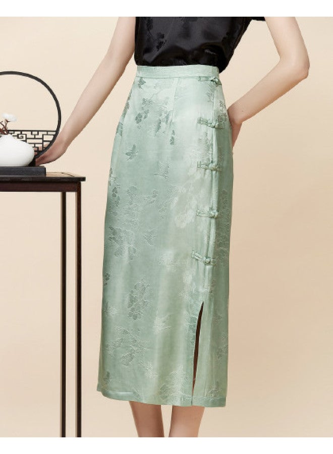 Hengyuanxiang 2025 New Chinese Style Elegant Frog Button Side Slit Silk Blend Midi Skirt - Image 1
