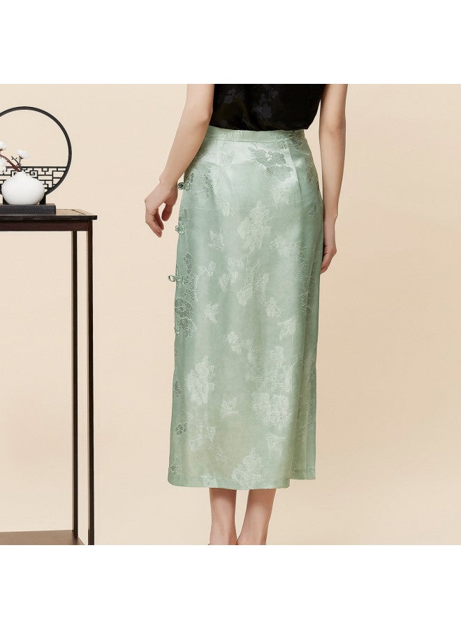 Hengyuanxiang 2025 New Chinese Style Elegant Frog Button Side Slit Silk Blend Midi Skirt - Image 5