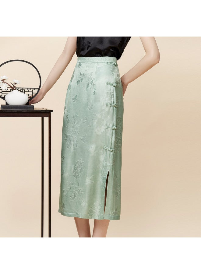 Hengyuanxiang 2025 New Chinese Style Elegant Frog Button Side Slit Silk Blend Midi Skirt - Image 2