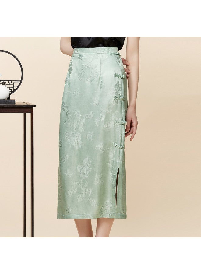 Hengyuanxiang 2025 New Chinese Style Elegant Frog Button Side Slit Silk Blend Midi Skirt - Image 4