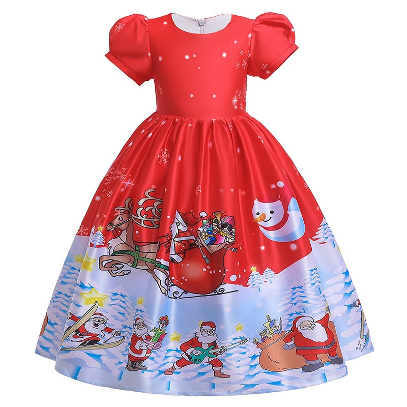 Santa Claus Snowflake Cartoon Print Dress Childrens Dress Long Dress Princess dress Christmas Performance Dress SD050-Red