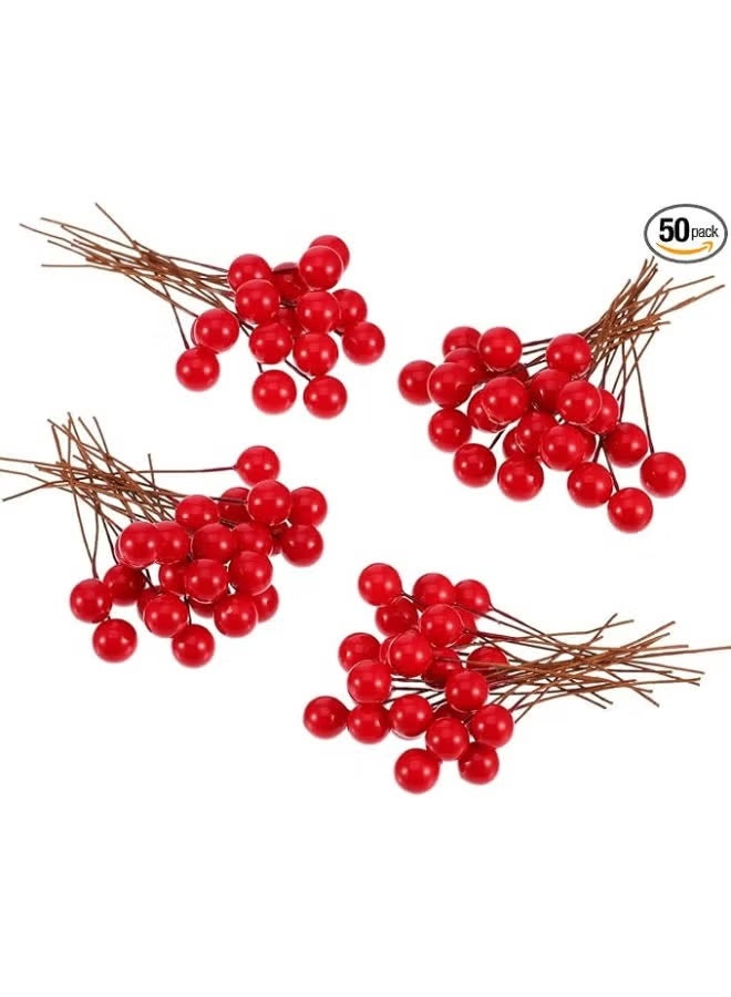 10 mm Fake Berries Decor on Wire for Christmas Tree Decorations (Pack of 50) Plastic - Image 1