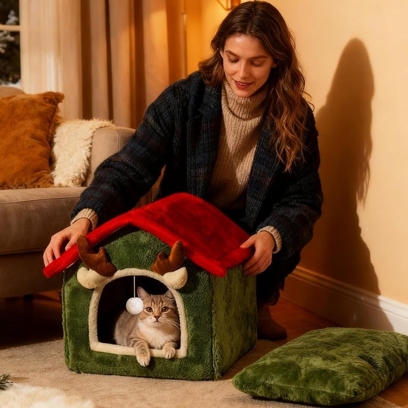 Christmas Winter Cat House Indoor Cave For Small Breeds 1 5 To 4 Kg Detachable Washable - Image 3