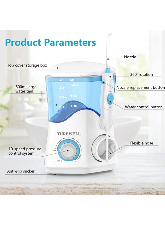 TUREWELL Water Dental Flosser for Teeth/Braces, Water Teeth Cleaner 8 Jet Tips and 10 Pressure Levels, 600ML Large Water Tank Oral Irrigator for Family(White) - Image 2