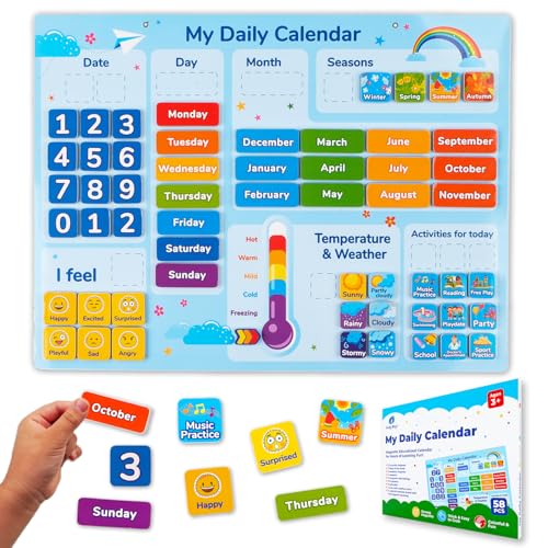 Simply magic 58 PCS Kids Calendar My First Daily Magnetic Calendar with Weather and Feelings Days of the Week All About Today Board Preschool Learning Chart for Wall or Fridge Circle Time - Image 1