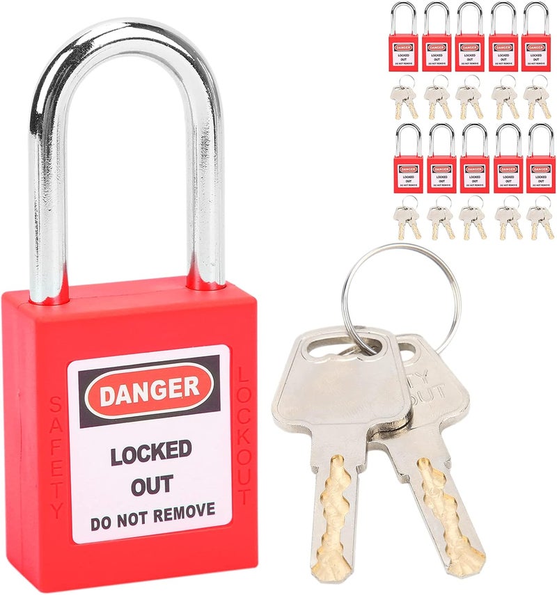 FILFEEL Lockout Lock Set - 38mm Anti-Skid Corrosion Resistant Padlocks with 2 Keys Each, 10 Sets (Red) - Image 3