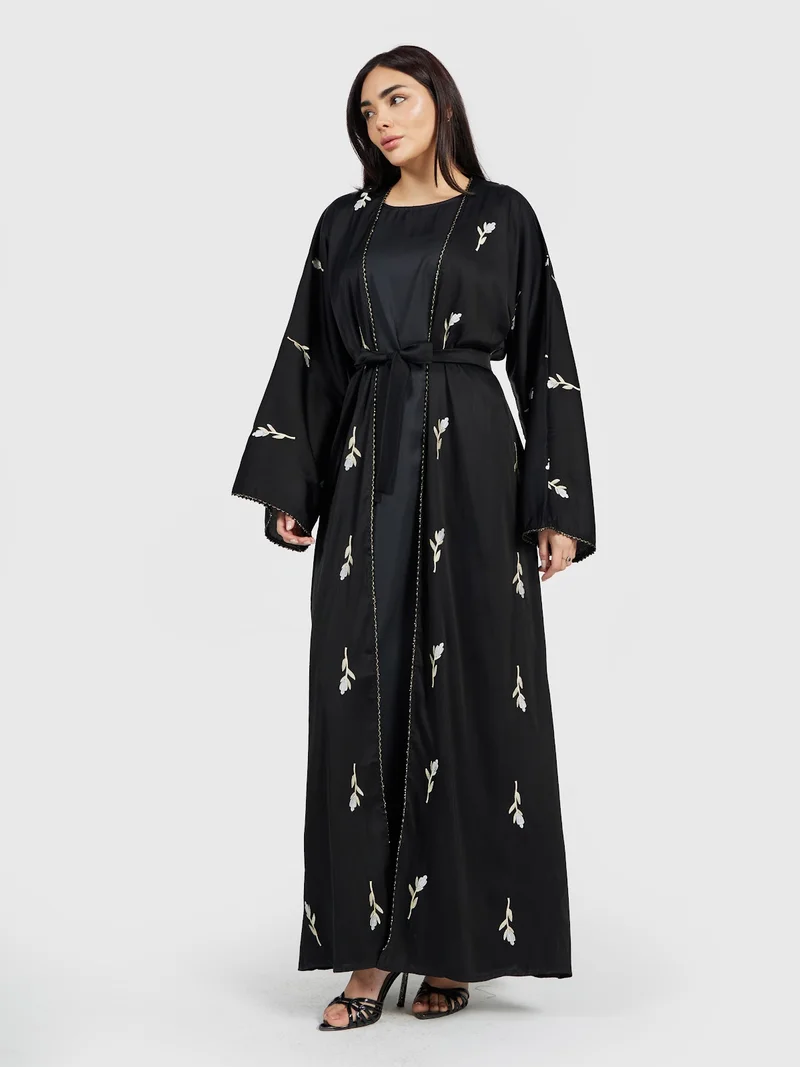 عباءات ريم Women's Black Embroidered Abaya with Waist Belt