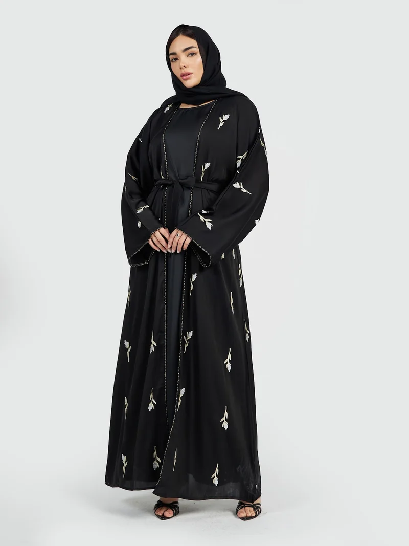 عباءات ريم Women's Black Embroidered Abaya with Waist Belt
