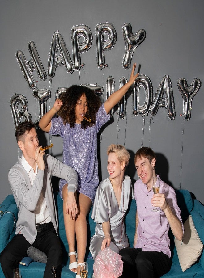 K.E.J. Silver Happy Birthday Balloon Banner Set -16 Inch Foil Letters Balloons, Reusable Birthday Decorations and Party Supplies, Suitable for Men and Women's Birthday Decorations，Party Backdrop - Image 3