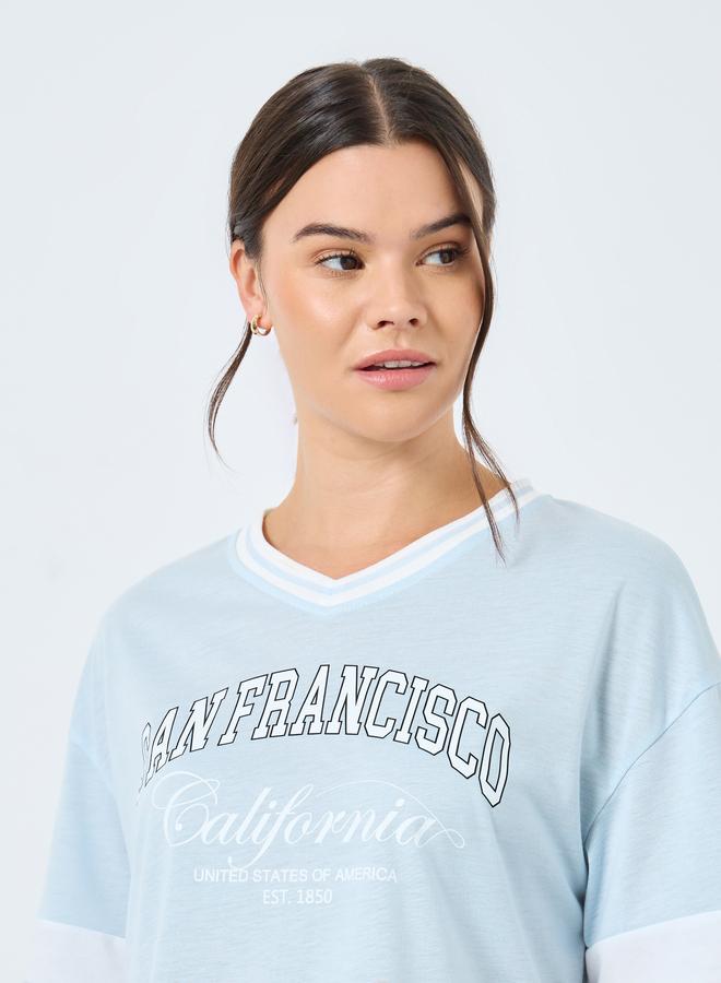 ستايلي طقم بيجامة وتيشيرت مخطط بأكمام واسعة بكتف ساقط - Image 3