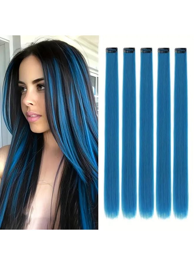 Blue 5 Piece 20 Inch Clip In Synthetic Hair Extensions With Highlights - Image 1