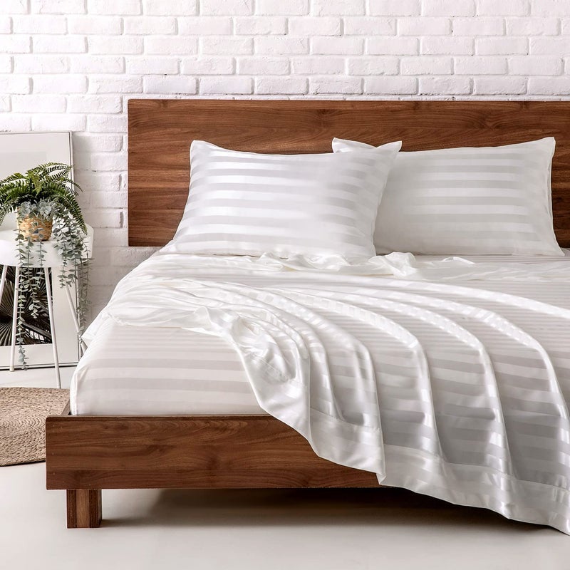 MRHM Satin Bed Sheets Queen Size Sheets Set 4 Pcs Silky Bedding Set with 15 Inches Deep Pocket for MattressQueen Ivory Striped