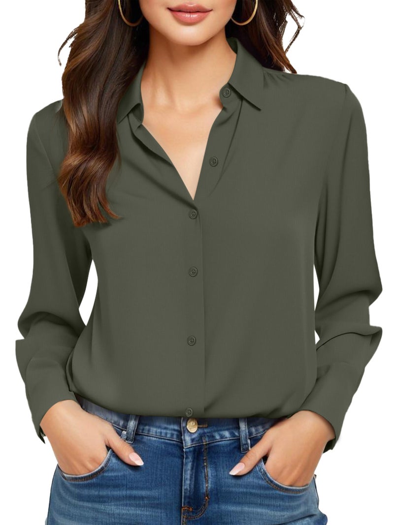 COUXILY Army Olive Green Collared Silk Shirts Women Womens Blouse Button Down Long Sleeve Blouses for Tops Fit Shirt Up Collar Dressy Formal Casual Work Business Wrinkle Free Army Green Size XL - Image 1