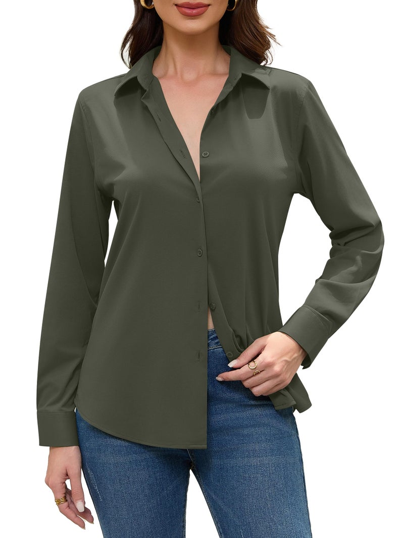 COUXILY Army Olive Green Collared Silk Shirts Women Womens Blouse Button Down Long Sleeve Blouses for Tops Fit Shirt Up Collar Dressy Formal Casual Work Business Wrinkle Free Army Green Size XL - Image 4