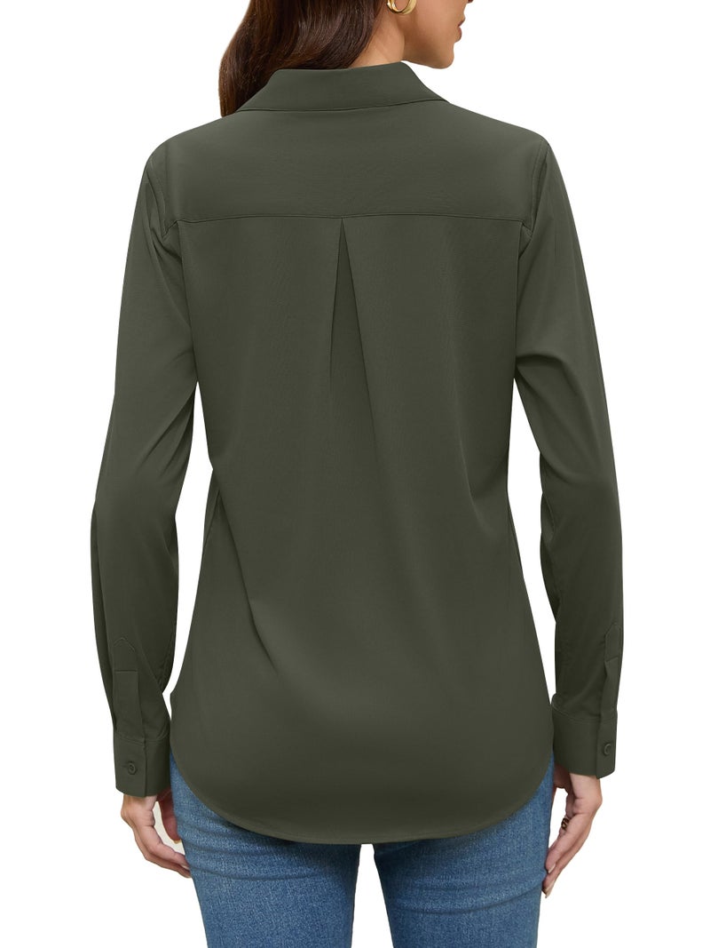 COUXILY Army Olive Green Collared Silk Shirts Women Womens Blouse Button Down Long Sleeve Blouses for Tops Fit Shirt Up Collar Dressy Formal Casual Work Business Wrinkle Free Army Green Size XL - Image 5