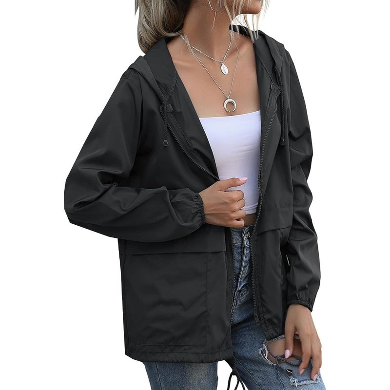 Women's Raincoats for Outdoor Use, Nylon Fabric, Black, Lightweight Waterproof Windproof with Adjustable Hood and Pockets - Image 3