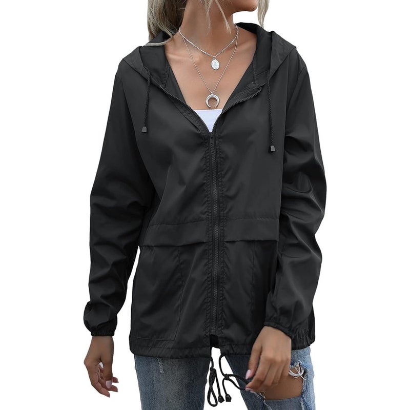 Women's Raincoats for Outdoor Use, Nylon Fabric, Black, Lightweight Waterproof Windproof with Adjustable Hood and Pockets - Image 2