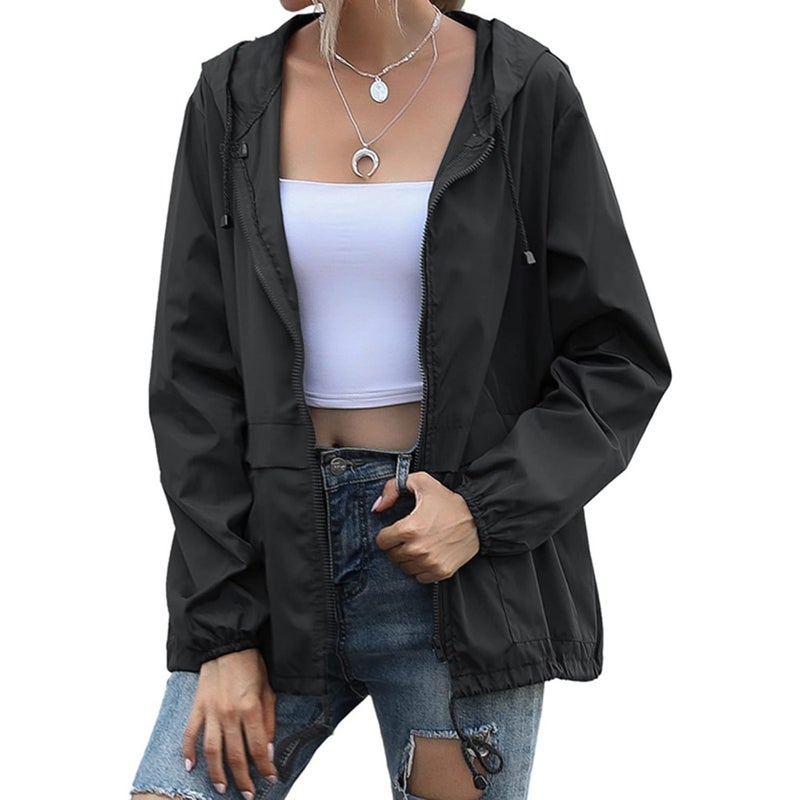 Women's Raincoats for Outdoor Use, Nylon Fabric, Black, Lightweight Waterproof Windproof with Adjustable Hood and Pockets - Image 4