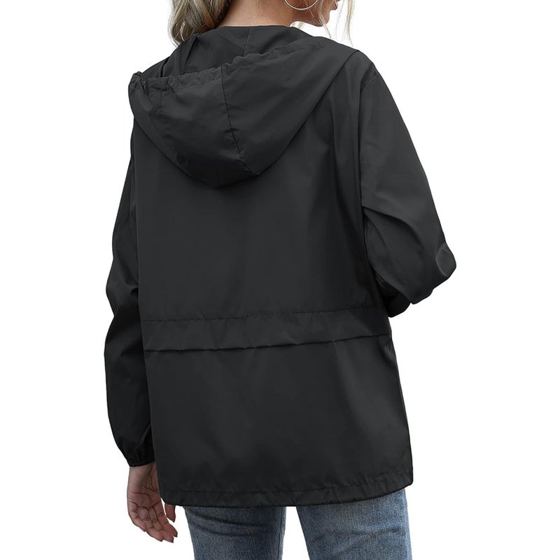 Women's Raincoats for Outdoor Use, Nylon Fabric, Black, Lightweight Waterproof Windproof with Adjustable Hood and Pockets - Image 5