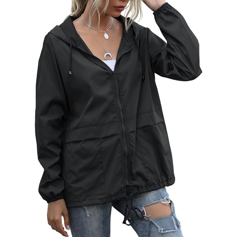 Women's Raincoats for Outdoor Use, Nylon Fabric, Black, Lightweight Waterproof Windproof with Adjustable Hood and Pockets - Image 1