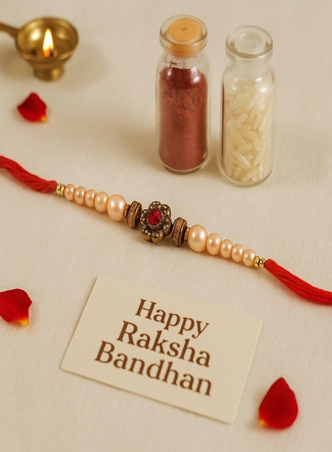 Picfest Set of 5 Handcrafted Flower & White Beads Rakhi With Roli Chawal Pack - Premium Rakhi Gift Combo for Brother, Bhaiya, Bhai | Assorted - Image 5