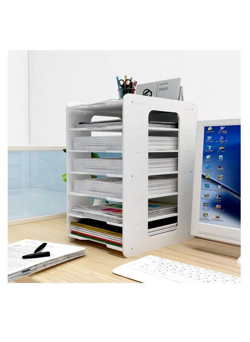 CityRiya-Long Vertical Thwartwise File Rack 7-Tier Desktop File Holder with Pencil Holder for Office Home Magazine Storage Shelf Documents Organizer Stand Paper Letter Sorter Tray for Desk  - Image 1