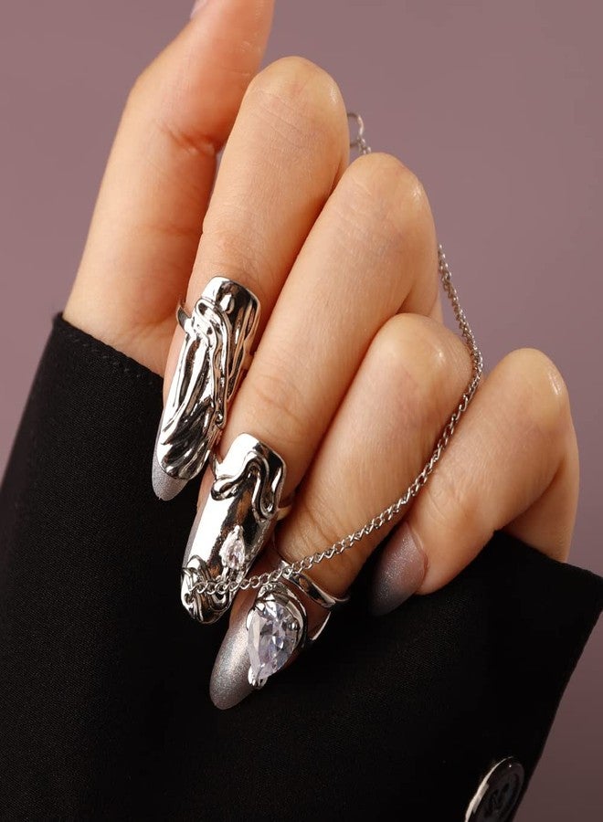 Rumtock 4pcs Punk Silver Fingertip Protective Nail Rings Set with Knuckle Chain Ring Manicure Jewelry for Women Gilrs - Image 2