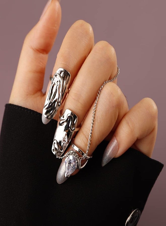 Rumtock 4pcs Punk Silver Fingertip Protective Nail Rings Set with Knuckle Chain Ring Manicure Jewelry for Women Gilrs - Image 1