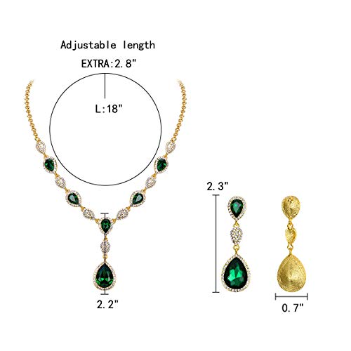 EleQueen Women's Cubic Zirconia Teardrop Y-Necklaces Dangle Earrings Sets for Brides Bridesmaids Emerald Gold-Tone - Image 5