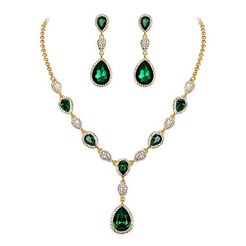 EleQueen Women's Cubic Zirconia Teardrop Y-Necklaces Dangle Earrings Sets for Brides Bridesmaids Emerald Gold-Tone - Image 1