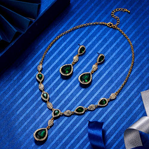 EleQueen Women's Cubic Zirconia Teardrop Y-Necklaces Dangle Earrings Sets for Brides Bridesmaids Emerald Gold-Tone - Image 4