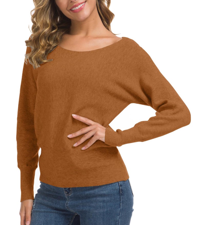 Feiersi Women's Off Shoulder Sweater Long Sleeve Loose Pullover Knit Jumper (Orange,XX-Large) - Image 4