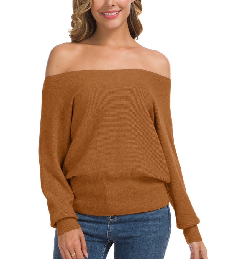 Feiersi Women's Off Shoulder Sweater Long Sleeve Loose Pullover Knit Jumper (Orange,XX-Large) - Image 5