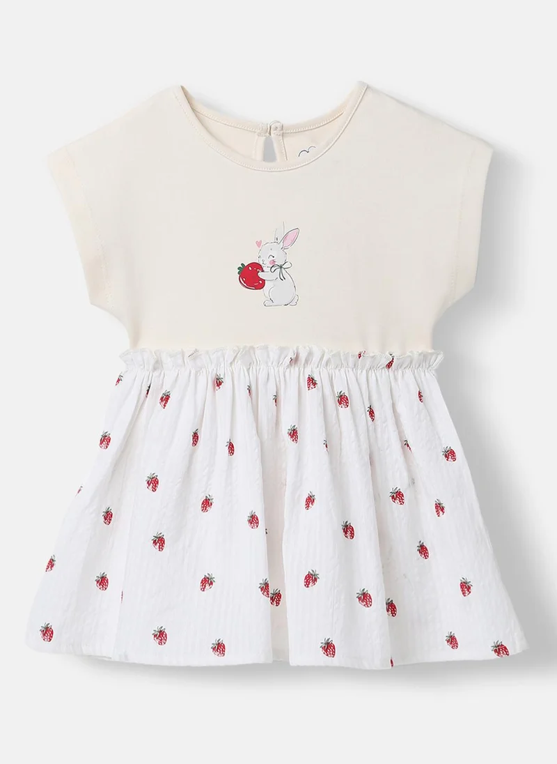 Nautinati Girls’ Cotton Dress | Strawberry Print |Rabit Badge | 3-24 Months